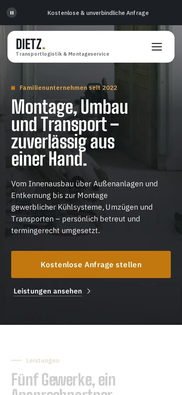 Startseite von Dietz Transportlogistik & Montageservice auf dem Smartphone